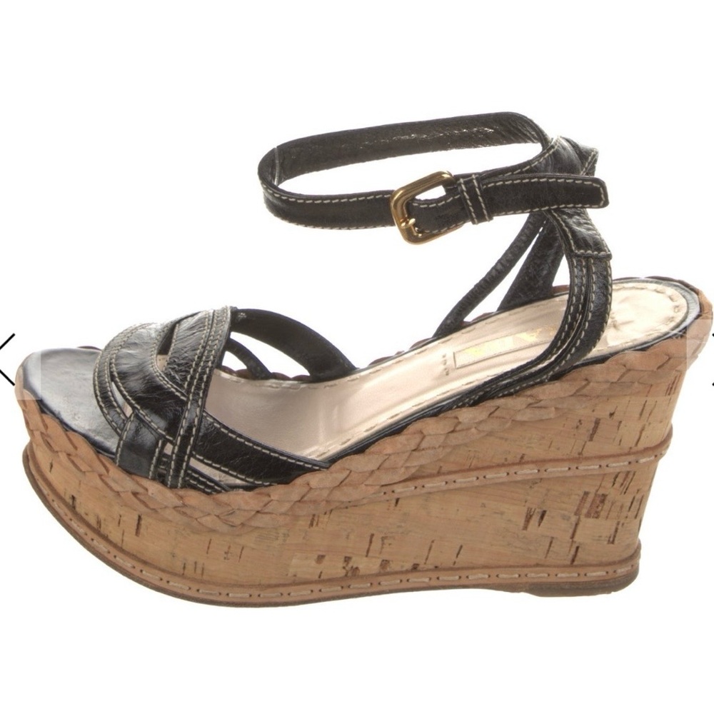 AUTHENTIC PRADA Black Leather Wedges / espadrilles 7.5